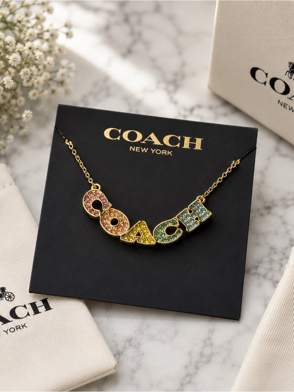 Coach Gold-Tone Logo Necklace with Pink, Yellow and Blue Crystals